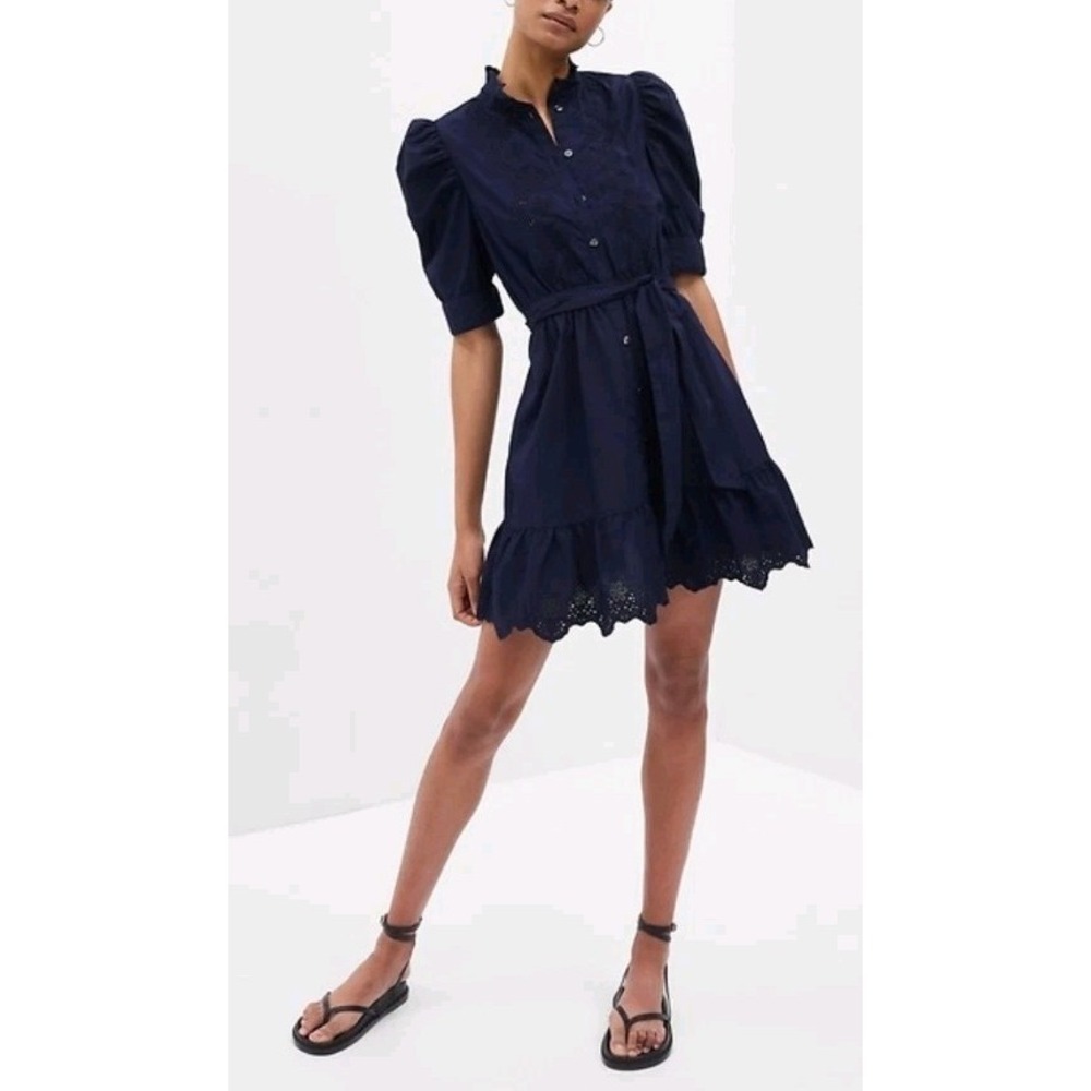 Gap Puff Sleeve Deep Navy Blue Eyelet Mini Dress Size Medium
